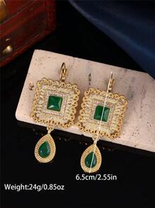 1 Pair Morocco Square Carved Dangle Earrings With Water Drop Pendant, Handmade French Hook Design, Women's Birthday Party Jewelry Gift