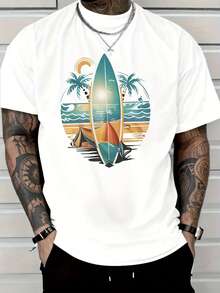 Men's Cotton Casual T-Shirt, Men's Tropical Surf Graphic T-Shirt - Beach Vacation Tee With Palm Trees And Surfboard Design - trắng - Xem 1