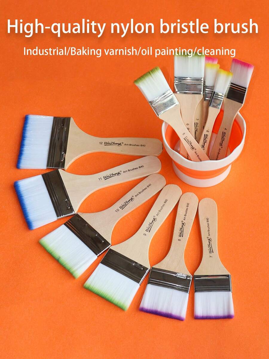 1pc/3pcs Nylon Wide Brush, Wooden Handle, Acrylic Canvas, Oil Painting Brush, Watercolor Brush, Art Stationery, Large Nylon Bristle Brush, Painting Brush, Painting Bristle Brush, Large Row Brush, School Art Painting, Doodle And Coloring Brush, Watercolor And Acrylic Oil Painting Nylon Row Brush, Painting Auxiliary Tools, Wall Painting Tools - Multicolor - View 1