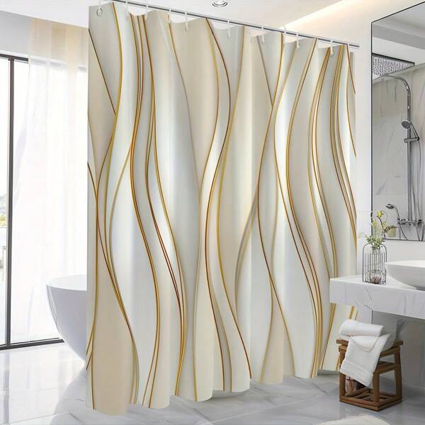 1 Pc Of Gold Striped Printed Bathroom Curtain - Rural Home And Bathroom Decoration, Made Of Polyester Material, Including 12 Hooks, Machine Washable And Hand Washable, Suitable For Year-Round Use Back To School