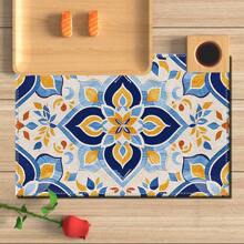 A Set Of 4/6pcs With Blue Patterns, Table Placemats, Made Of Machine Washable Polyester Fiber, This Rectangular Heat-Resistant Placemat Is Heat-Resistant, Stain Resistant, Waterproof, And Easy To Clean. It Is Suitable For Desktop Decoration, Holiday Party Decoration, And Desktop Protection, And Is Suitable For Both Home And Outdoor Use