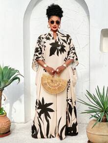 BIUBIU This Plus Size Women's Spring/Summer Off-Shoulder Loose Arabic Style Long Dress With Sunlight/Plant Element Print Is An Important Fashion Item For Spring Vacation. - Apricot Black Flower - View 3