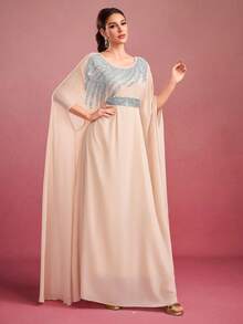Women Solid Color Sequin Decorative Belt Crew Neck Elegant Long Arabic Abaya, Modest - Apricot - View 5