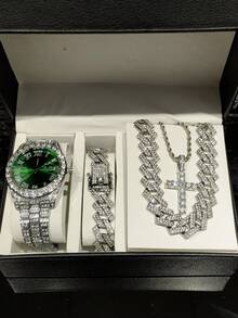 4pcs/Set Men's Watch And Hip Hop Cuban Link Necklace Bracelet Set (No Gift Box) - A - View 17