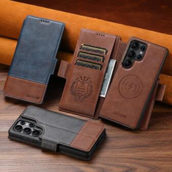Funda magnética con tapa deslizante para teléfono, soporte inalámbrico de tarjeta charging de piel sintética SUTINI, para Galaxy S25 Ultra S24 S23 S22 Negro/Brown/azul, regalo festivo para familiares, amigos y mayores unisex