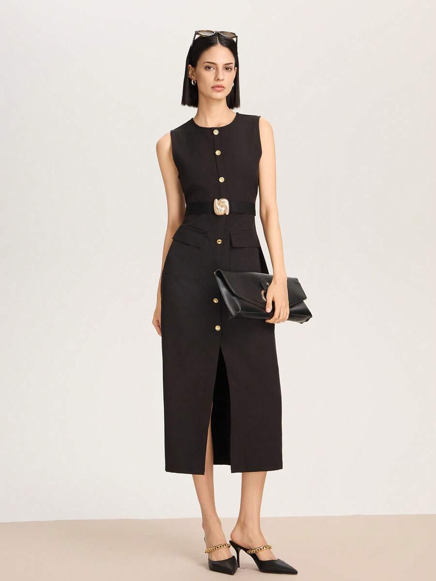 Sleeveless Round Neck Midi Dress With Belt - Black - View 1