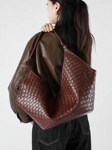 New Premium Leather Large Capacity Tote - Fashionable Cowhide Woven Texture, Perfect For School And Commute Makeup Bag Backpack Women - Brown - View 3