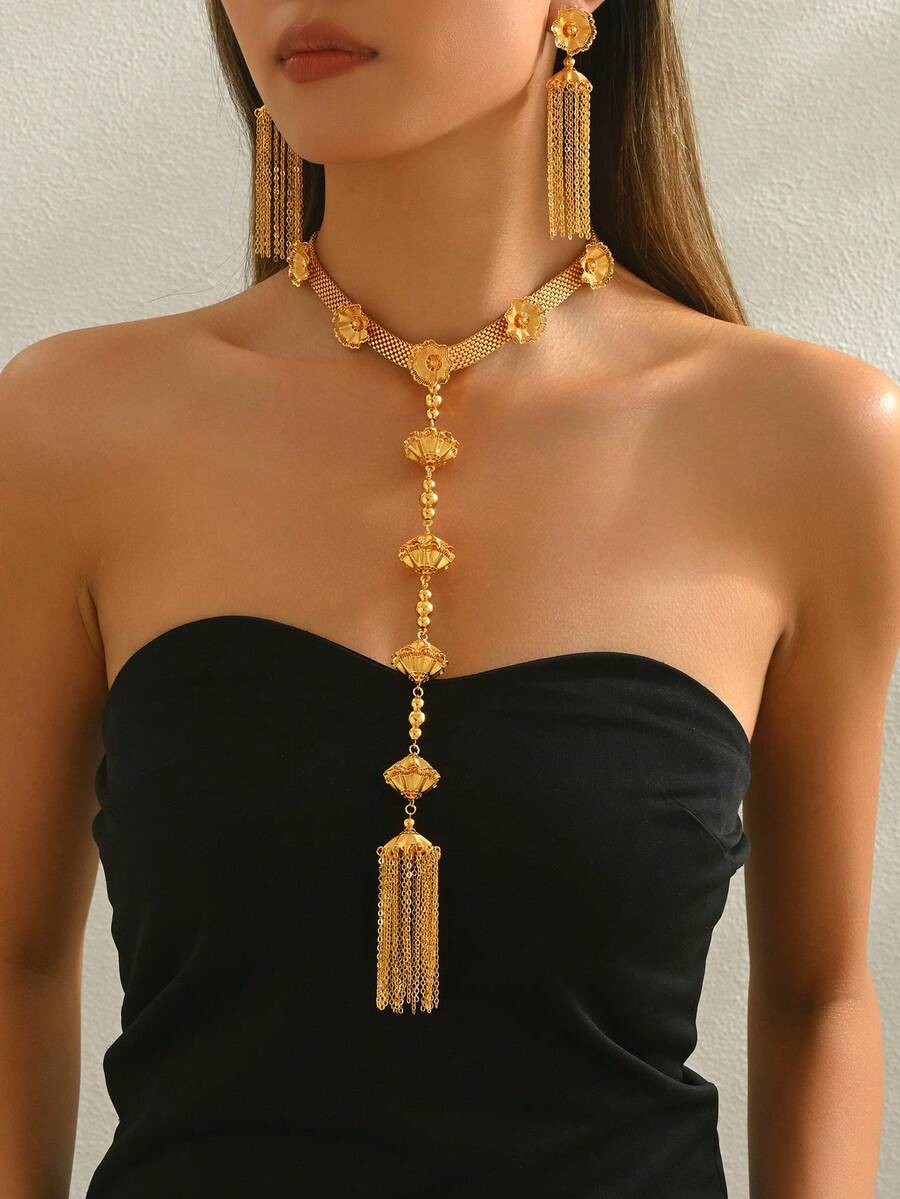 3pcs Luxurious Vintage Hollow Floral Design Fashion Statement Bridal Women's Wedding Party Middle Eastern Eid Festival Accessories - Yellow Gold - View 1