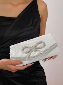 Luxury Rhinestone Bow Decor Evening Fashion Crystal Clutch Women Pleated Hand Bag For Party, Wedding
