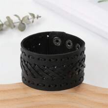 1pc Vintage Braided Wide Leather Adjustable Bracelet, Suitable For Men's Daily Wear