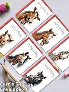 12 张趣味生日贺卡套装，趣味马脸，卡通马角色，6 张手工贺卡，趣味生日贺卡多件装，学校用品，返校季 - 均碼 - 查看 8