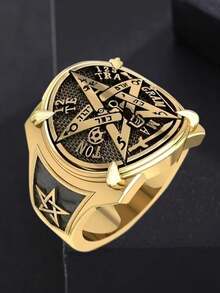 1pc Elegant Men's Gold-Color Copper Ring With Intricate Ancient Egyptian & Pentagram Design, Suitable For Formal Events, Parties, Daily Wear, Ideal Gift For Boyfriend, Husband, Father On Valentine's Day/Father's Day