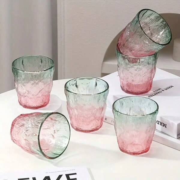 2/4/6 Pcs Gradient Color Iceberg Textured Elegant Glass Cup, 6.76oz Beverage Tumbler, Office Tea Cup, Herbal Tea & Fruit Juice Glass, Housewares, Cafe, Restaurant, Office, Photo Props