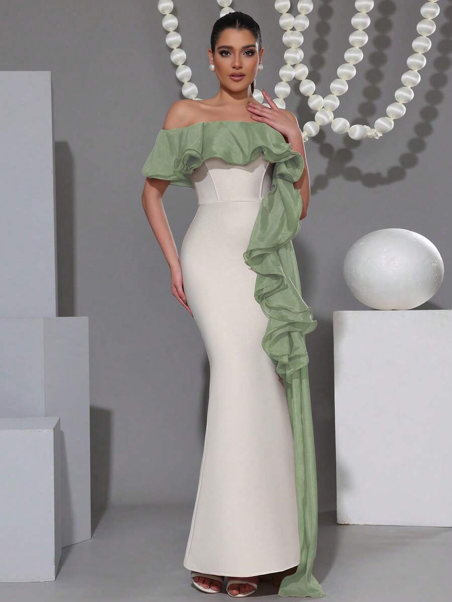 Modphy Nuevo vestido largo ajustado de mujer sexy con volantes, elegante para bodas, celebraciones y fiestas - verde menta - Ver 1