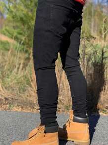 1pc Men's Black Skinny Slim Fit Jeans, Street Style Comfortable Casual Workwear Distressed Denim Pants, Suitable Gift For Husband/Boyfriend