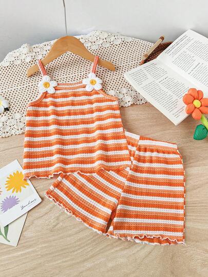 2pcs/Set Young Girl' Fashionable Casual Strap Top & Striped Shorts Set, Suitable For Daily & Outdoor Wear, Summer