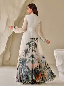 女士花卉印花灯笼袖连衣裙，配腰带，优雅 - 白色 - 查看 2