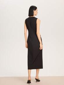 Sleeveless Round Neck Midi Dress With Belt - Black - View 3