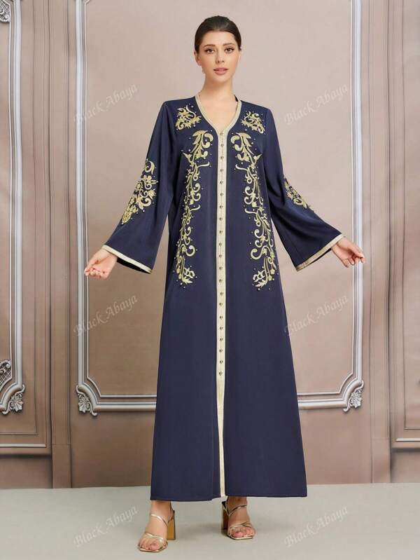 Luxury Long Kaftan Dress, Embroidered Colorful Rope Decor, V-Neck, Plus Size Women Middle Eastern Style Robe, In Stock Abaya BC4601 (Custom)