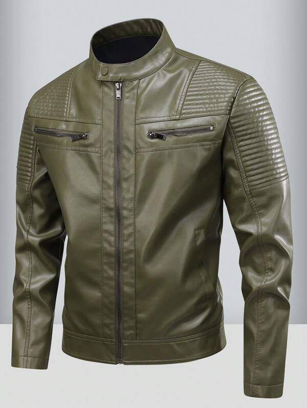 Men's Casual Leather Jacket, Wind-Resistant Stand Collar Leather Coat