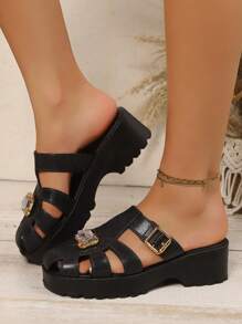 Damen Sandalen mit dicker Sohle, offener Zehenpartie, Strass-Verzierung, atmungsaktiv, Lässig, retro, Plateausohle, mit Schnalle, für den Sommer