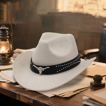 Men Women Cowgirl Hat Wide Brim Stylish Bull Head Belt Leather Design Western Cap For Daily Life Party