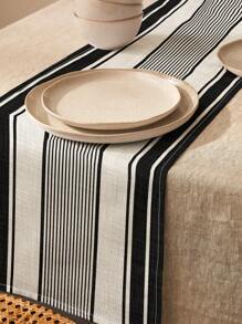 1pc Black & White Geometric Lines Linen Tablecloth/Table Runner, Suitable For Home Dining Room, Indoor Decor, Rectangle Table, Kitchen Cabinet, TV Stand. Romantic Wedding, Outdoor Party, Holiday Party Tabletop Decor, Heat Resistant & Washable
