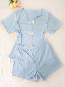 1 Set Women Stylish Sweet Bow Ruffle Edge Design Sleepwear Set, Solid Color Lapel Short Sleeve Shorts 2pcs - Blue - View 1