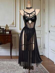 Women's Lingerie Set Patchwork Leather Spaghetti Strap Bodysuit High Split Sheer Skirt With Leg Rings 2 Piece Outfit - Black - View 4