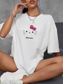 Sanrio 1 Pc Hello Kitty Women Casual Cartoon Print Round Neck Short Sleeve T-Shirt Graphic Shoulder Tees Women Tops Loungewear Base Layers - White - View 1