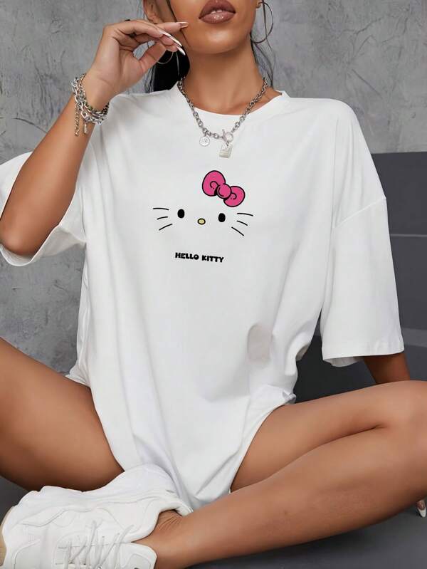 Sanrio 1 Pc Hello Kitty Vrouwen Casual Cartoon Print Ronde Hals Korte Mouw T-shirt Grafische Schouder T-shirts Vrouwen Tops Loungewear Basislagen