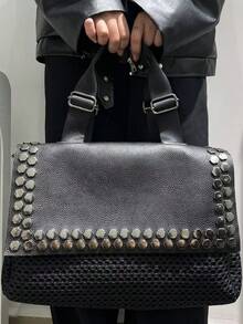 Ladies' Fashionable Y2K Mesh Shoulder Bag, Large Capacity Spliced Rivet Retro Crossbody Bag, Multi Pocket Urban Street Style Handbag - Black - View 6