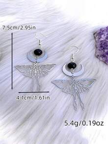 2pcs Boho Style Copper Natural Stone & Silver Tone Hollow Crescent Moon & Moth Pendant Earrings, Decoration Gift For Daily Wear - Bạc - Xem 5