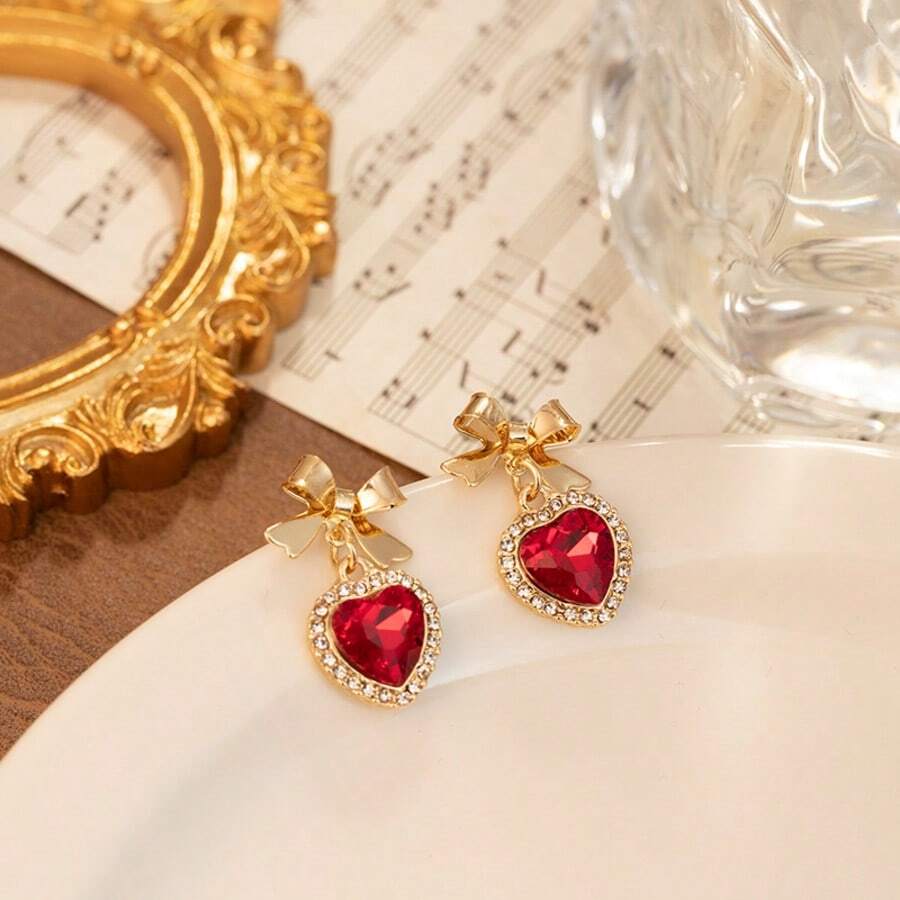 1 Pair Dark Lolita Style Bowknot Hanging Earrings, High-End Chic Minimalist Black & Red Color