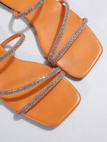 Women's Fashion Rhinestone-Decor Flat Strap Sandals, Versatile For Beach, Dating, Shopping, Party, Business, Summer - Orange - View 8