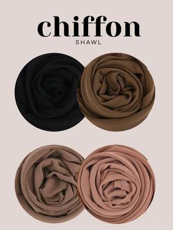 4 Parça/Set Kadın Düz Renk İnci Şifon Şal Başörtüsü Takımı