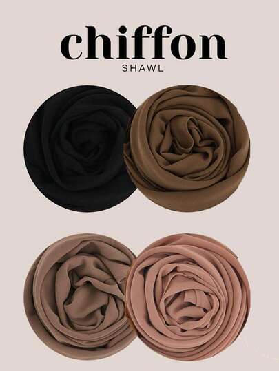 4pcs/Set Women's Solid Color Pearl Chiffon Scarf Hijab Set
