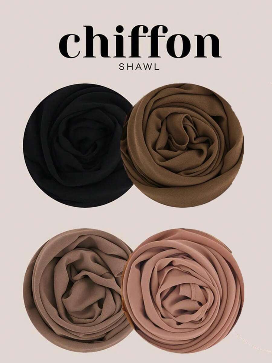 4pcs/Set Women's Solid Color Pearl Chiffon Scarf Hijab Set - Multicolor - View 1