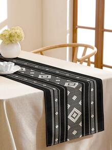 1pc Black & White Geometric Lines Linen Tablecloth/Table Runner, Suitable For Home Dining Room, Indoor Decor, Rectangle Table, Kitchen Cabinet, TV Stand. Romantic Wedding, Outdoor Party, Holiday Party Tabletop Decor, Heat Resistant & Washable