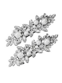2pcs Minimalist Rhombic Crystal Zine Alloy Pearl & Rhinestone Hair Clips For Women, Wedding Party Bridal Headpieces - Multicolor - View 7