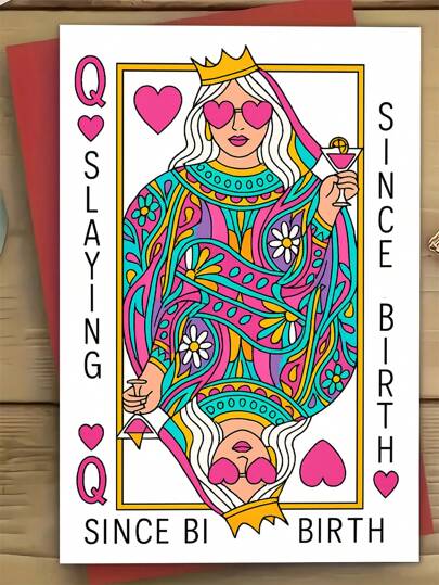 1PC Funny Birthday Card With Envelope – Queen Playing Card Style, Bold Colorful Design For Women, Friends, Her, Diva, Empowering Greeting, Blank Inside For Celebration Message