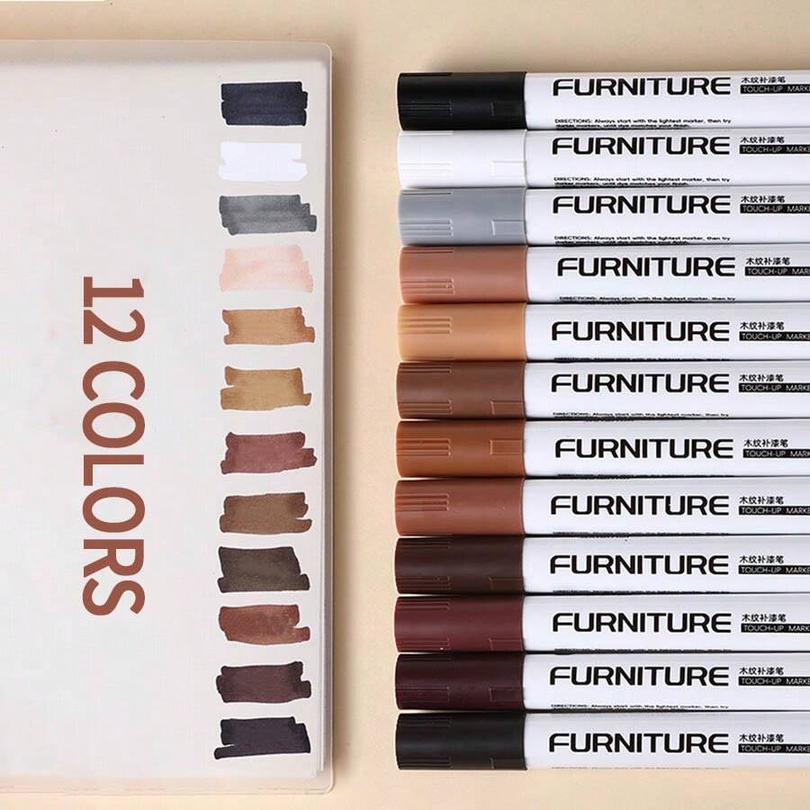 1pc Wood Grain 12-Piece Touch Up Markers, Repair Pens For Restoring Scratches & Chips On Hardwood Composite Flooring, Waterproof & Smudge-Proof Filler Pen, Scratch Repair Marker