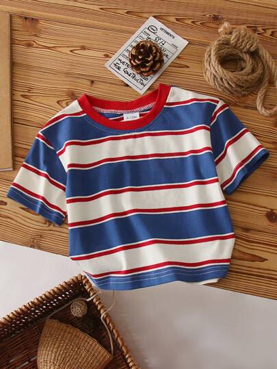 Young Boy Summer Striped Short Sleeve T-Shirt, Elastic Breathable Soft Cotton Tee, Lightweight Summer