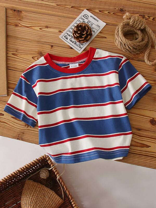 Camiseta de manga corta de rayas para niño pequeño, de algodón elástico y transpirable, suave, de peso ligero para el verano