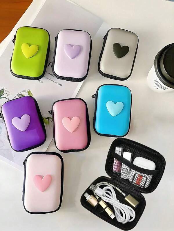1 pieza Estuche portátil con forma de corazón hecho de EVA, adecuado para organizar cables, auriculares, cargadores, pequeños accesorios digitales, monedas
