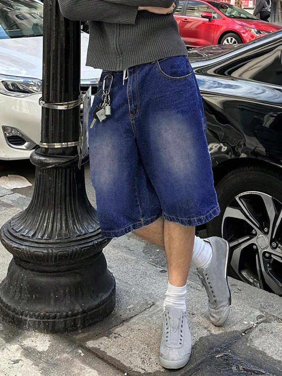 Spring/Summer New Fashionable Casual Water-Washed Denim 3/4 Pants, Loose & Versatile, Simple Style Jeans - Dark Wash - View 1