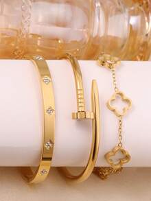 3 件/1 件时尚奢华四叶草锆石镶嵌不锈钢手镯，适合日常佩戴 - 銀色 - 查看 1