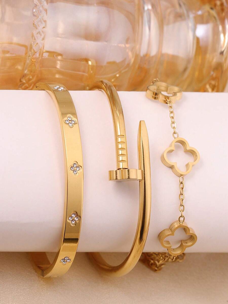 3 件/1 件时尚奢华四叶草锆石镶嵌不锈钢手镯，适合日常佩戴 - 銀色 - 查看 1