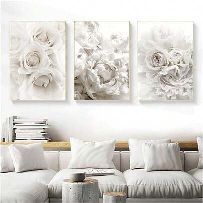 1pc/3pcs Modern Bohemia White Rose Flower Canvas Painting Fashions Print Botancial Floral Pattern Wall Art Posters For Home Decor Living Room Bedroom Dormintory Office Backdrop Design Picture Gift Optional Frame ,Wall Art With Frame