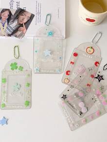 INS Transparent Four-Leaf Clover Short Card Holder With Glitter Fruit Cartoon Design, Student ID Card Pouch - Multicolor - View 3